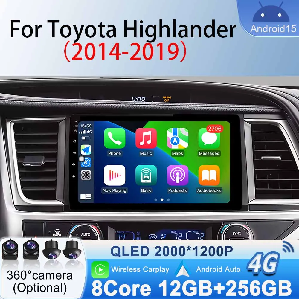 

Android Auto Built in Carplay for Toyota Highlander 2014 - 2019 Car Radio StereoMultimedia Video Android 15 GPS Navigation WiFi