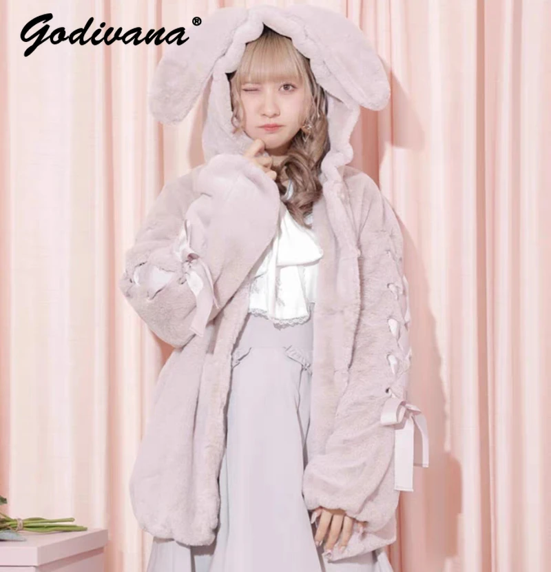 Japanese Style 2023 Autumn and Winter Sweet Cute Thickening Fur Parka Coat Mine Series Mass-Produced Rabbit Ears Plush Coat