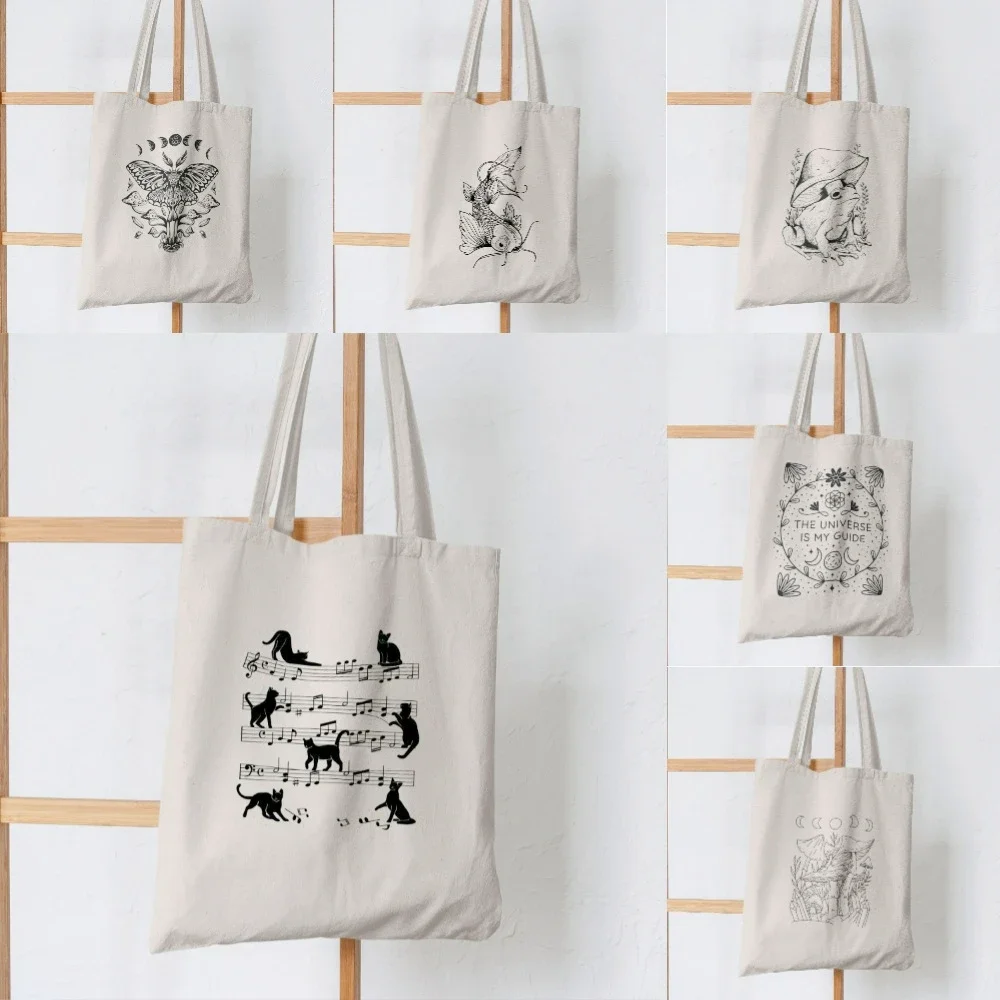 

Очаровательная холщовая сумка с изображением кота и музыкальной партитуры, женская повседневная сумка на плечо, студенческая учебная сумка-шоппер, повседневная сумка для йоги