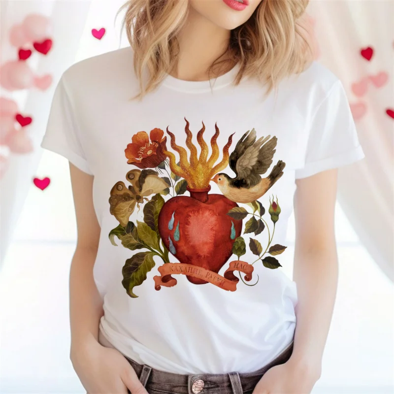 

Flower and Bird Pattern Printed Women's Fun T-Shirt Basic Round Neck Style Top Short Sleeved Women's Cartoon White T-Shirt