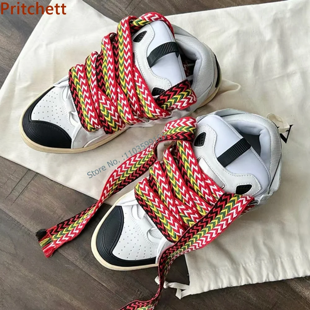 Round Toe Patchwork Sneakers Cross Lace Up Chunky Heels High Increasing Shoes Mixed Color Breathable Flat with Sports Shoes