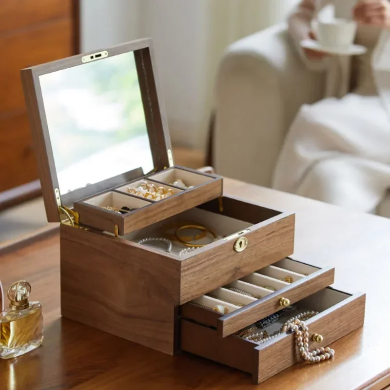 

Wooden Earring Storage Box Hand Jewelry Box with Mirror Lockable Jewelry Box Pull-Out Watch Case Dressing Table