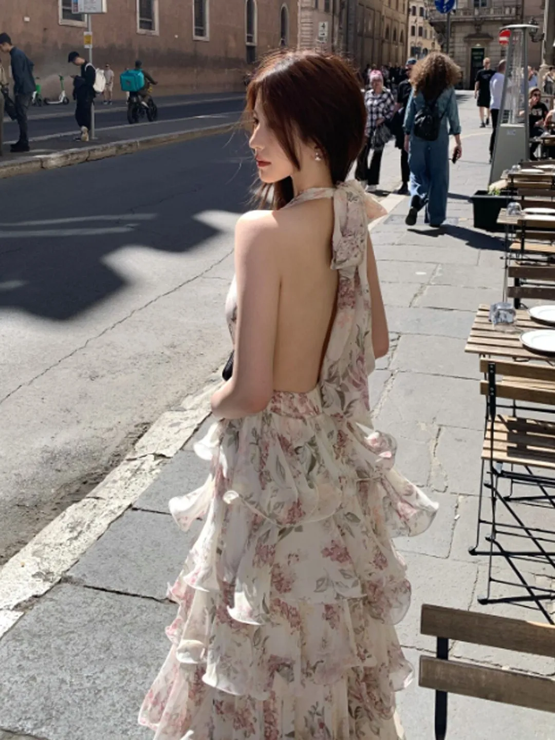 

Unique Beautiful Hanging Neck Strap Backless Long Dress Small Design Sense Floral Cake Dress Summer Soft Cotton High Waist