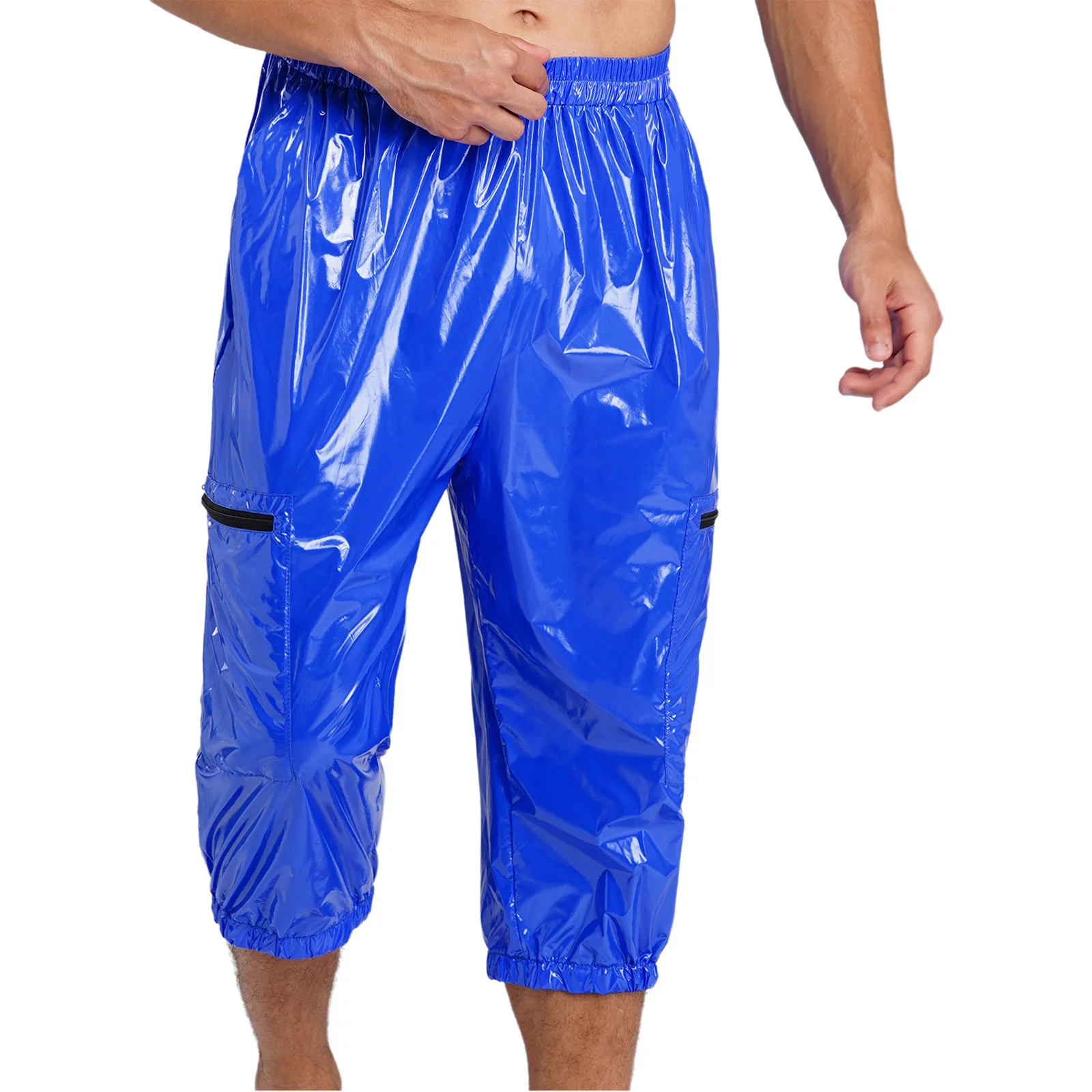 Men Shiny Multi-pocket Zippers Cargo Shorts Glossy Waterproof Pants Elastic Waist Band Overalls Cropped Capri Pants Clubwear