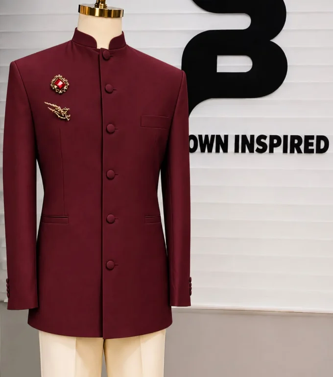 Stand Collar Men 2 Pieces Suit Set Burgundy Single Breasted Slim Fit Formal Mandarin Collar Tuxedo Blazer Pants Party Customized