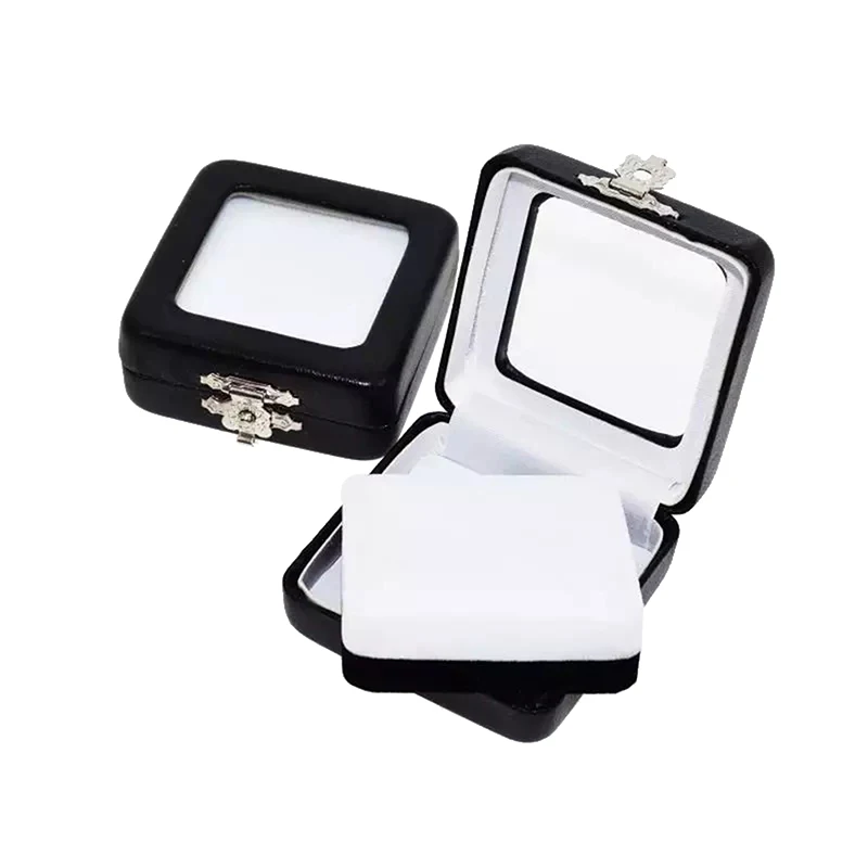Black PU Leatherette Bare Stone Box With Buckle Gem Rhinestone Jewelry Storage Naked Container Transparent Window Display