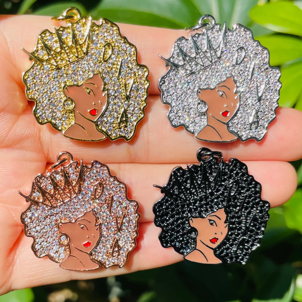 5pcs Afro Black Queen Crown Diva Charm Pendant for Women Bracelet Necklace Making Bling Stone Paved Gold-Plated Jewelry Findings