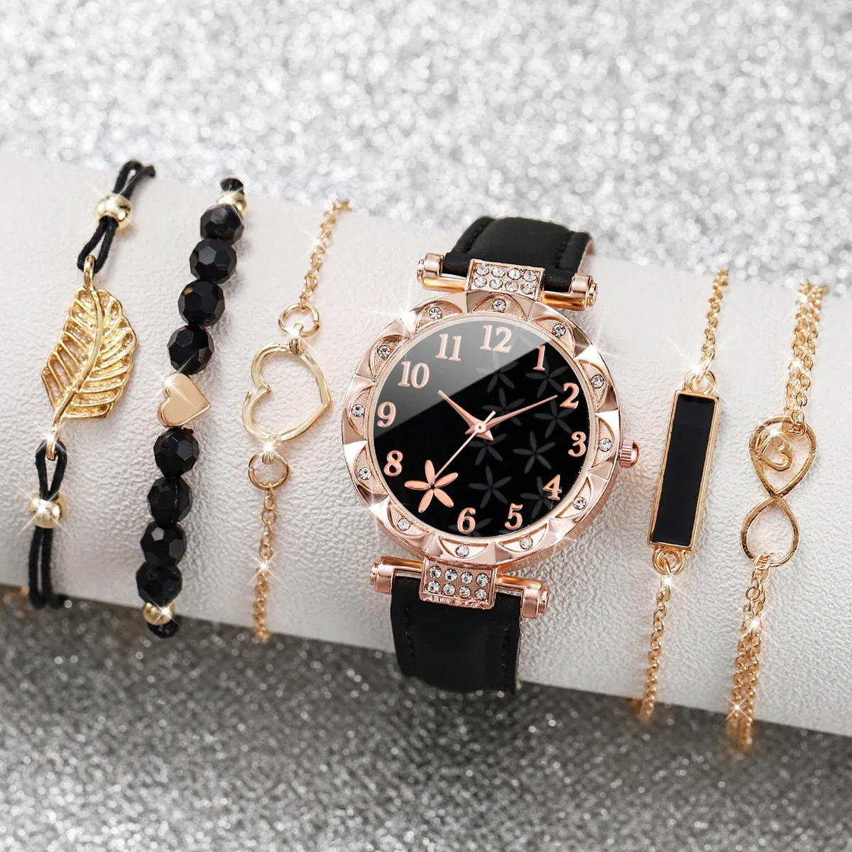 6PCS/Set Fashion Rhinestone Women Watches Heart Leaf Bracelets Set Female Flower Dial Leather Band Quartz Watch(Without Box)