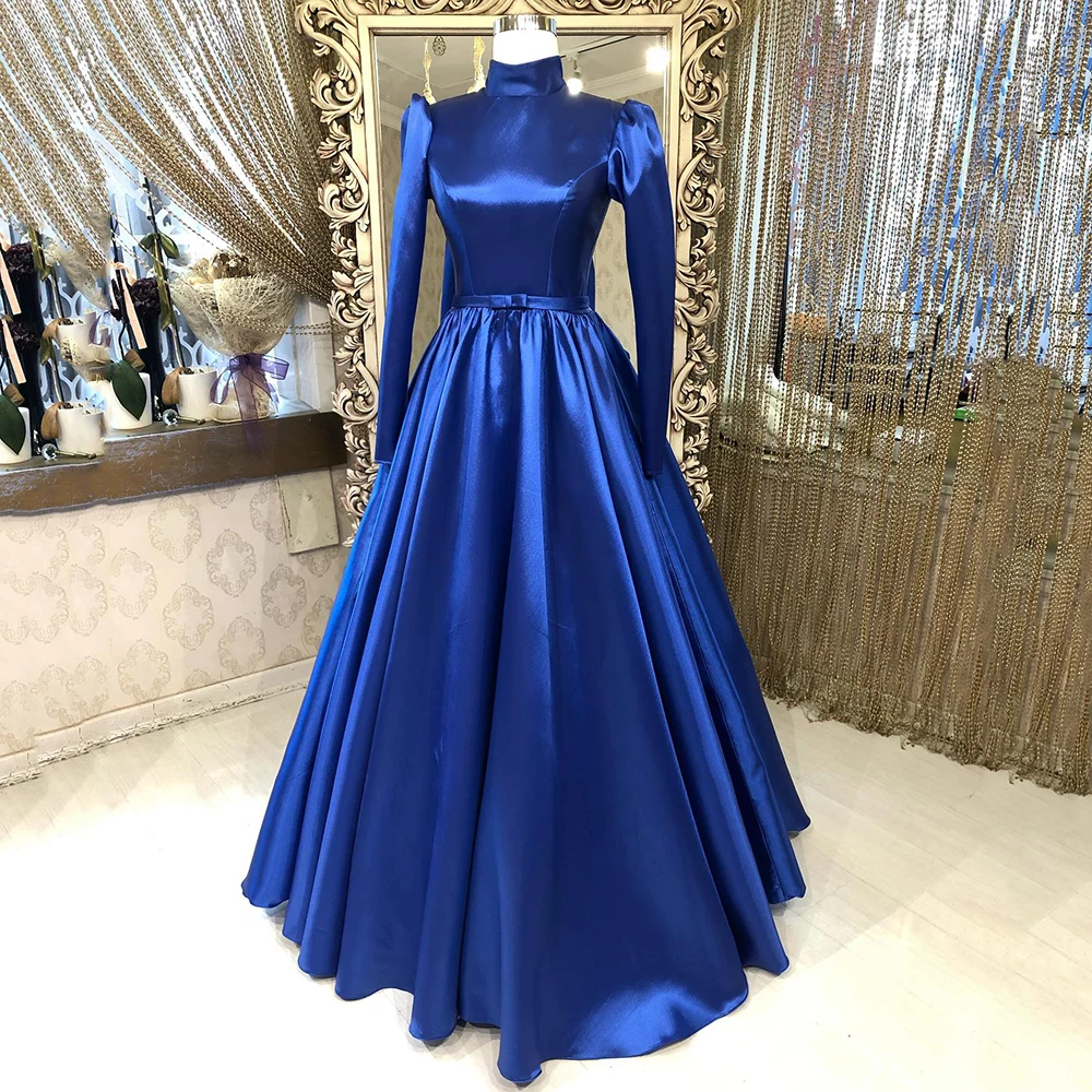 Yipeisha Modest Royal Blue Prom Dresses Hoge Kraag Lange Mouwen Prom Dress Moslim Party Gown A-lijn Satijnen Robe De Soiree