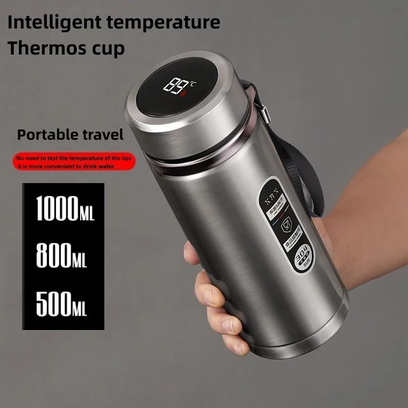 Termo de acero inoxidable con pantalla LED de temperatura, botella de agua y té Sus304, frasco de vacío, tazas portátiles, 800ml, 1 litro