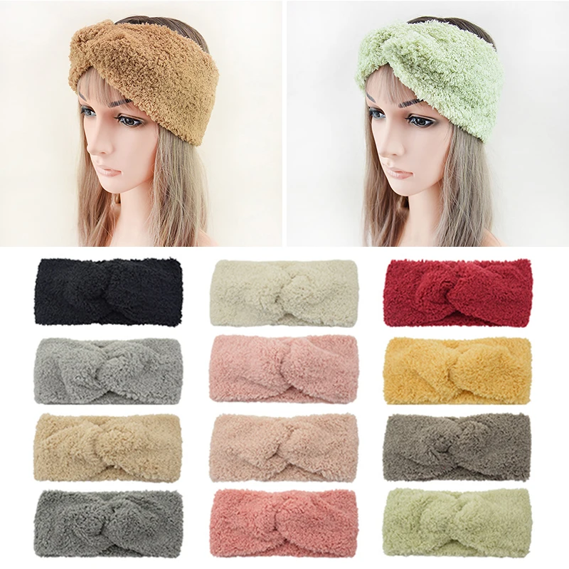 New Thicken Plush Cross Headband For Women Winter Girls Twisted Hairbands Headwear Fluffy Turban Bandanas Hair Accessories