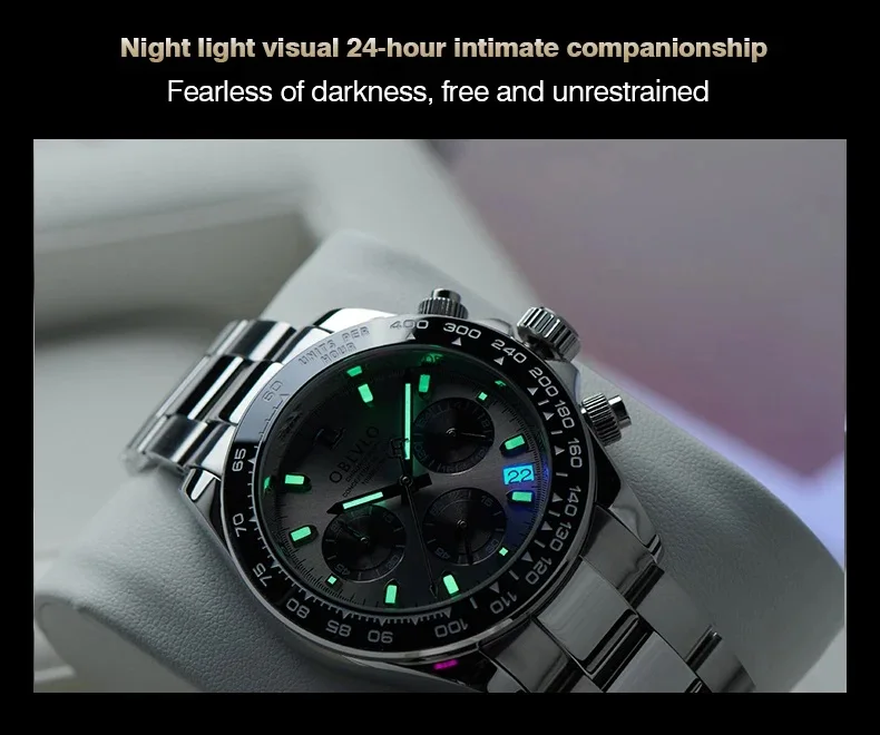 OBLVLO ساعة كرونوغراف للرجال 40 ملم ساعة يد كوارتز عتيقة 50 متر مقاومة للماء ياقوت مضيئة نوافذ ثلاثية #4