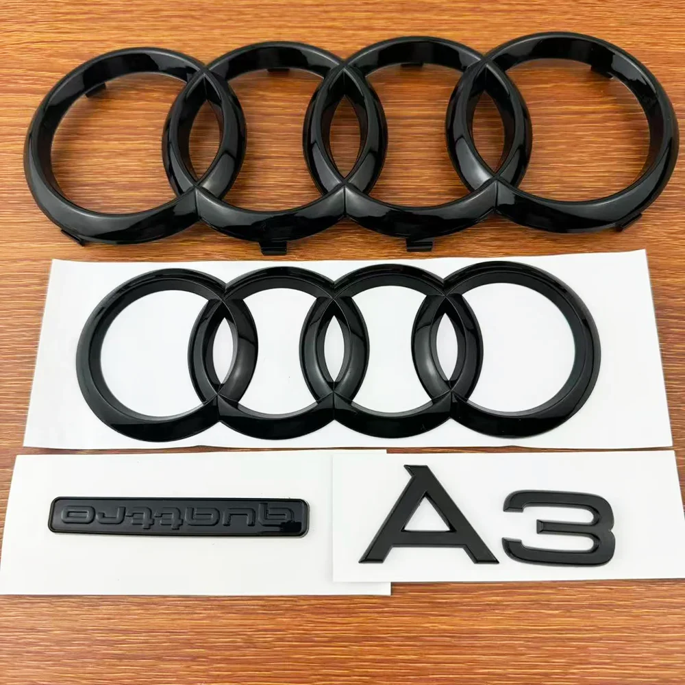A3 2020-2024 For Audi Quattro 4Ring Logo ABS Black Car Hood Front Grill Emblem Rear Trunk Badge Quattro Sline Emblem Accessories