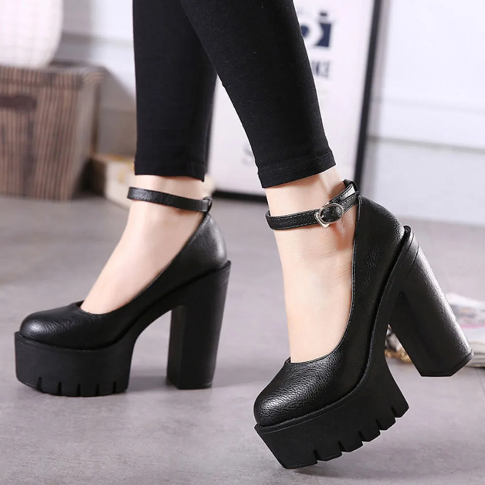 Sorphio Platform High Heeled Mary Janes Shoes Buckle Strap Round Toe Chunky High Heel Ankle Strap Pumps Fashion Shoes For Woman