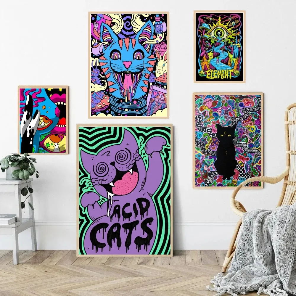 1pc colourful psychedelic cat Poster Paper Print Home Bedroom Entrance Bar Cafe Art Painting Decoration