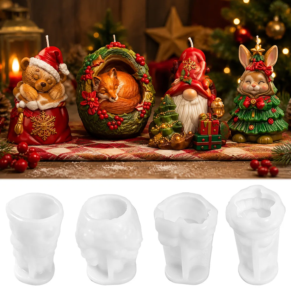 Christmas Rabbit Fox Bear Candle Mold DIY Handmade Xmas Decorative Cartoon Dwarf Santa Clause Plaster Resin Mold Making Supplies