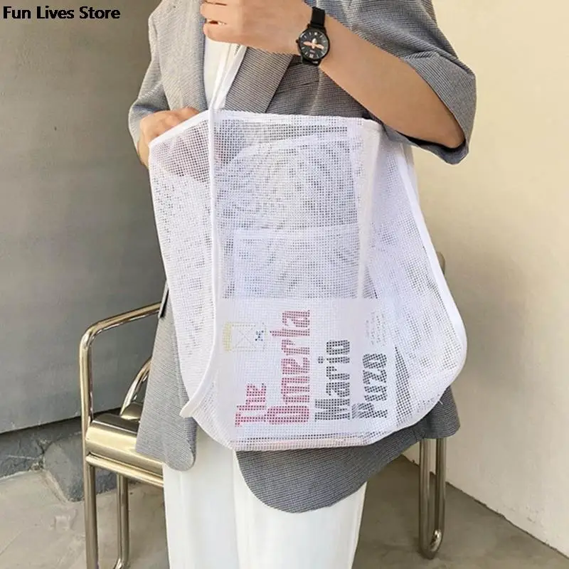 Bolso de mano de malla transparente para playa, bolsa de compras ligera de moda, bolso de hombro de almacenamiento para vacaciones al aire libre