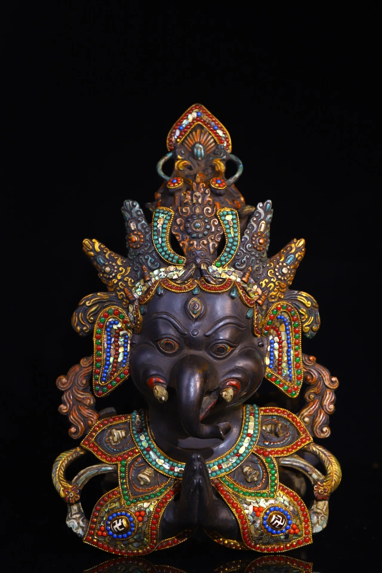 

13"Tibetan Temple Collection Old Bronze Painted Mosaic Gem gZi Beads Shell Ganesha Buddha Head Mask Amulet Dharma Worship Hall