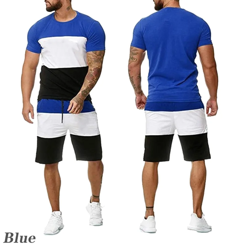 2023 New Fashion Spliced Short sleeved T-shirt+Shorts Set Men's Casual Sports Set Striped Sportswear (S-4XL)