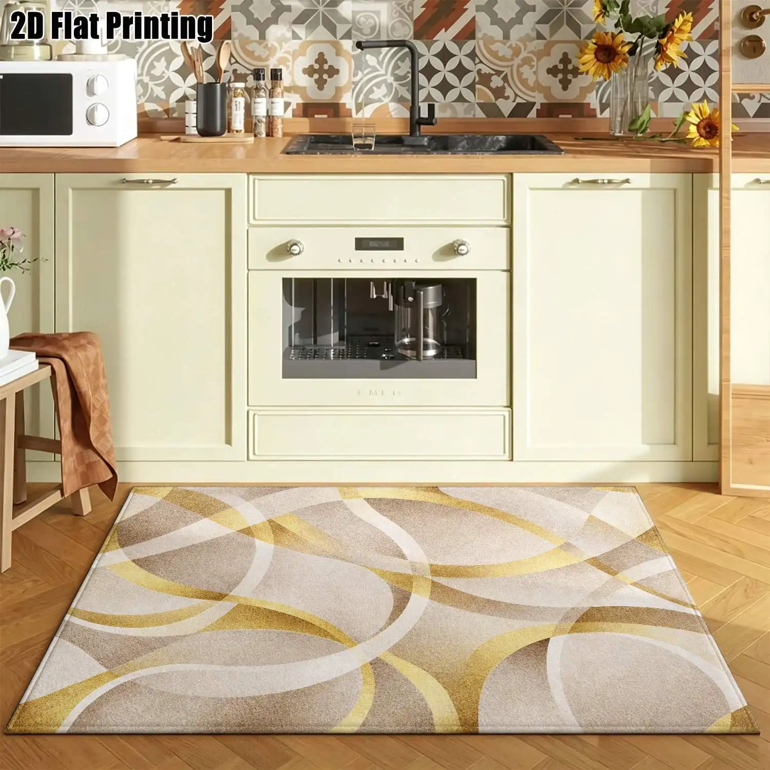 1Pc 2D Printed Carpet with Gold White Geometric Abstract Patterns, Nordic/Instagram Style Floor Mats, Modern Minimalist/European Style, Multiple Sizes Machine Washable Home Decor for Entrance, Dining Room, Foyer, Living Room, Bedroom