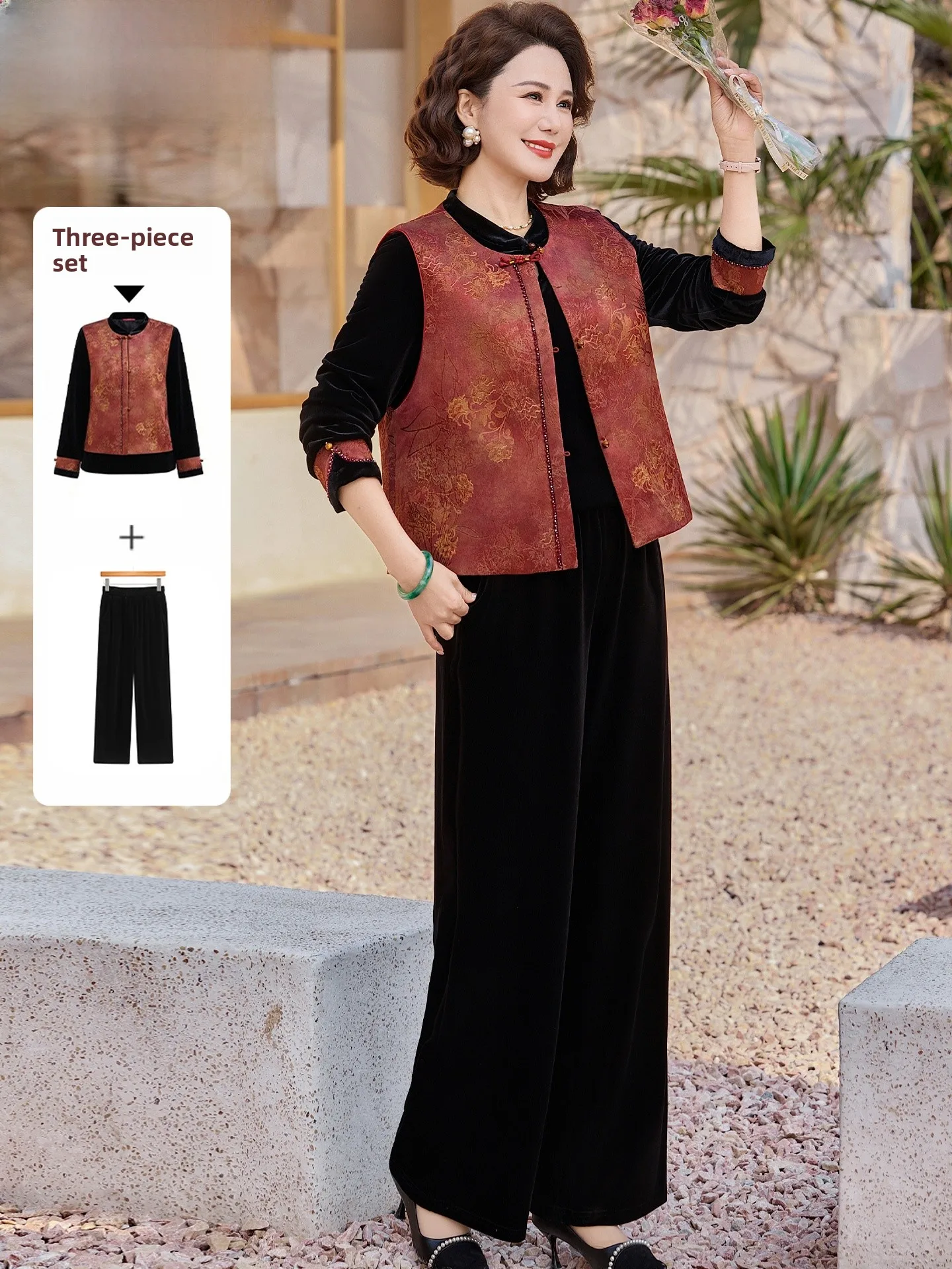 

Ele Velvet Set for Mom Spring Faion Svel Women's Mid-aged And ly Traditional Chinese Sle Top And Bot