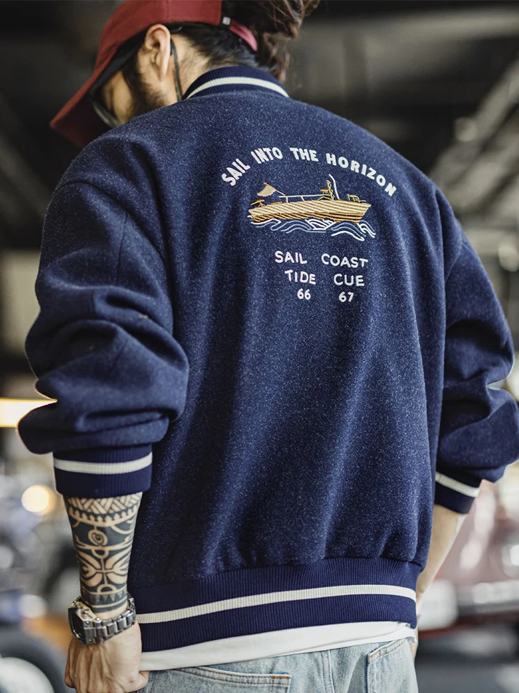 

Мужская вязаная бейсбольная куртка Maden в стиле ретро, синяя, с контрастной строчкой, осенняя верхняя одежда, повседневный стиль