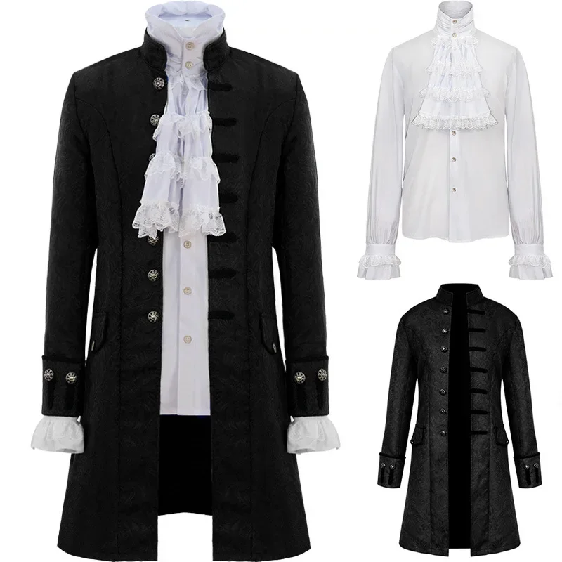 Men Gothic Steampunk Trench Coat / Shirt Vintage Prince Overcoat Medieval Renaissance Jacket Victorian Edwardian Cosplay Costume