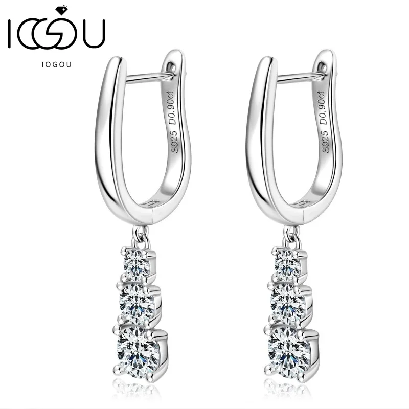 IOGOU D Moissanite Trilogy Clip Earrings With GRA 3mm&4mm&5mm VVS1 925 Sterling Silver Modern Women's Earrings 2023 Fine Jewelry