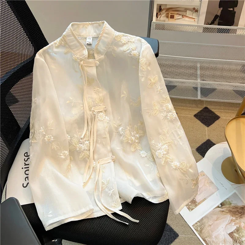 Vintage Embroidery Women\'s Shirts Trend 2024 Chiffon Loose Long Sleeve Top Korean Clothing Sales Chinese Style Women Blouses