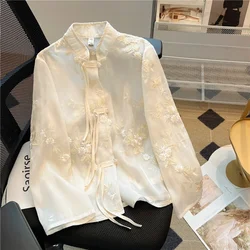 Vintage Embroidery Women's Shirts Trend 2024 Chiffon Loose Long Sleeve Top Korean Clothing Sales Chinese Style Women Blouses