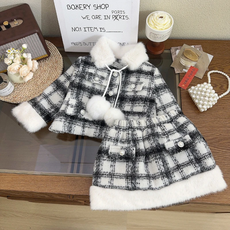 Girl's Small Fragrance Suit Winter New Furry Plaid Coat with Detachable Collar + Skirt Suit  Girl Clothes 2-7yrs