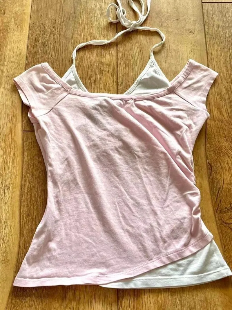 Camiseta con cuello Halter y cordones para mujer, a la Moda ropa de calle, blusa de dos piezas con estética Y2k empalmada, 2024