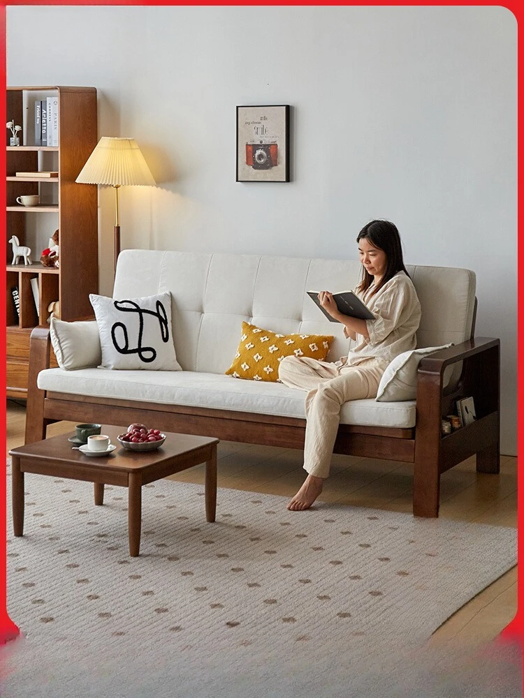 

New Chinese-style solid wood sofa full solid wood living room small apartment winter and summer dual-purpose foldable broaching