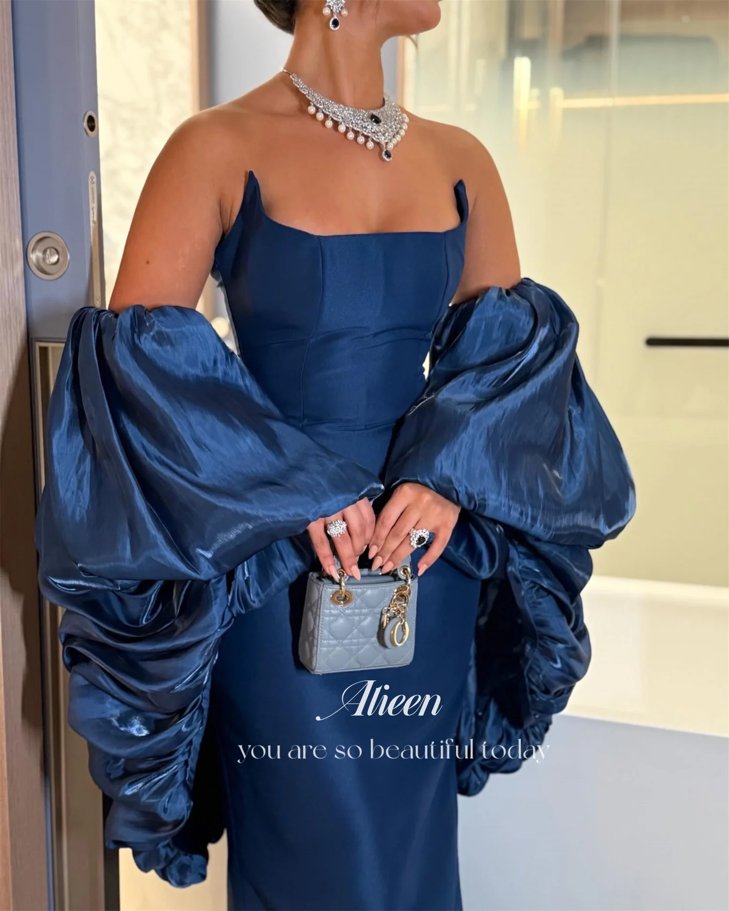 Aileen Satin Elegante Partykleider 2025, Плае Naderso Porno, maßgeschneiderte Brautkleider für Partys, Puffärmel, Roben von Soirée, Blau – Detail 6