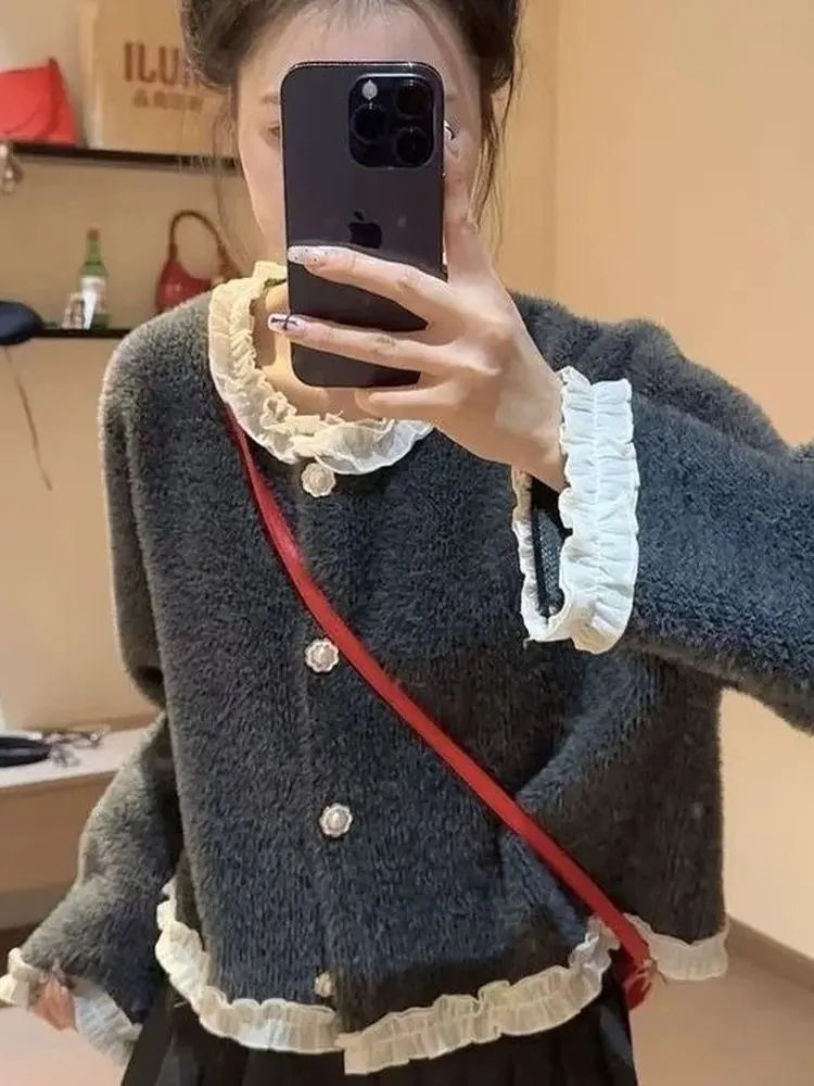 

Новый женский вязаный шерстяной кардиган в корейском стиле с цветочным воротником, осенне-зимний, с эффектом легкого аромата, топ-кардиган на пуговицах...