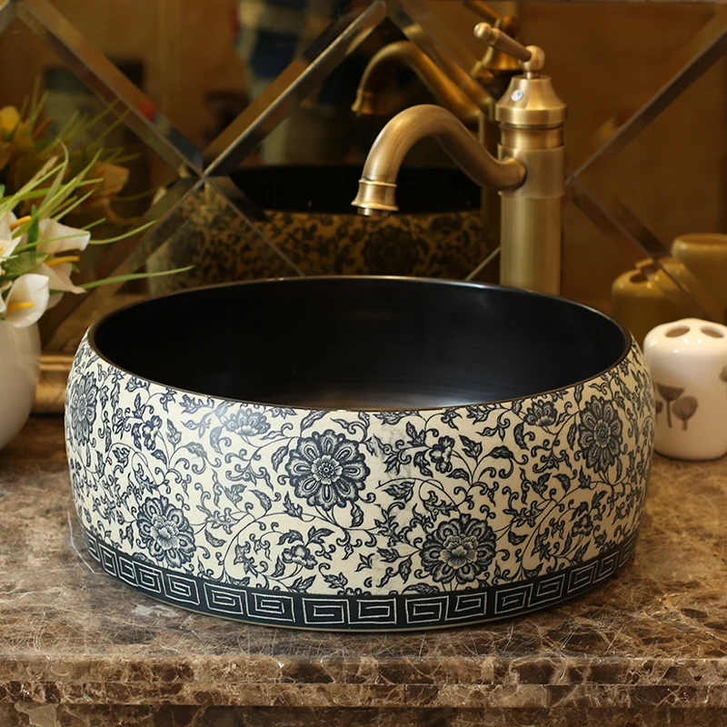 

Porcelain Cloakroom round Lavabo Counter top Black Sink Vessel Bathroom Handmade Art Wash Bowl ceramic Wash Basin bathroom sink