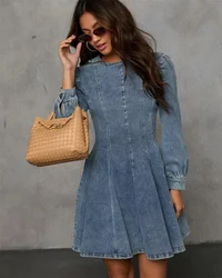 Elegant Denim Dress For Women New Autumn Long Sleeve A-Line Sexy Patchwork Slim Dresses Fashion Lady Club Streetwear Jean Dress
