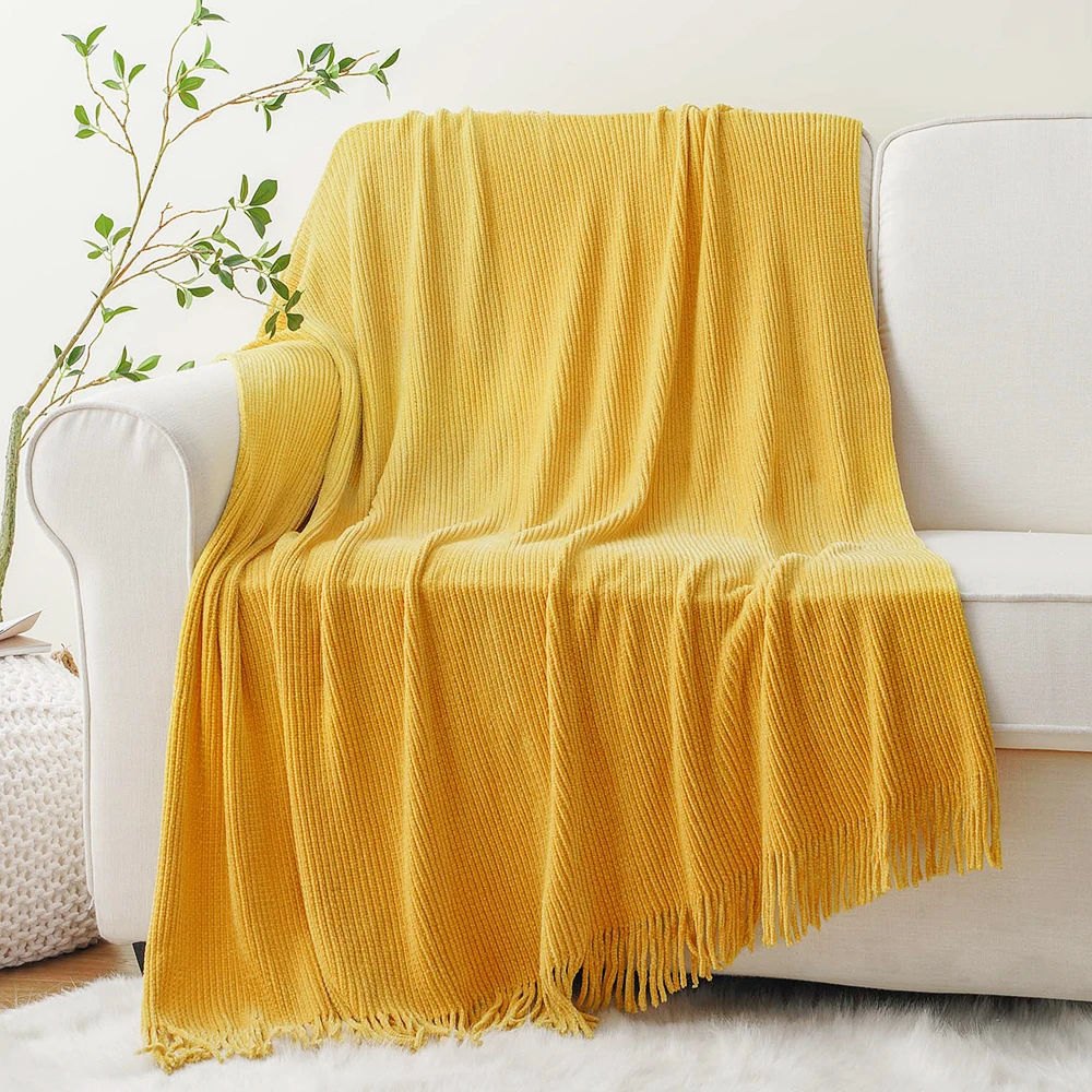 Battilo Chenille Knit Blankets with Tassels Caramel Plaid Throw Blanket for Bed Couch Decorative Sofa Blanket Bedroom Fall Decor