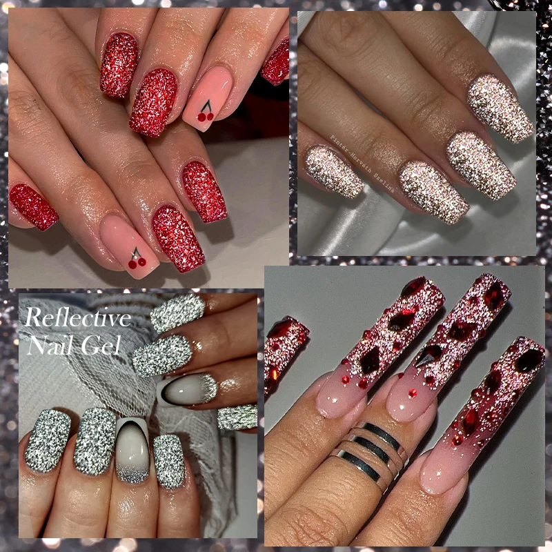 LILYCUTE Gel Glitter kuku reflektif 7ML, cat kuku Gel Glitter berkilau perak sampanye emas merah cantik rendam Off manikur pernis Gel kuku