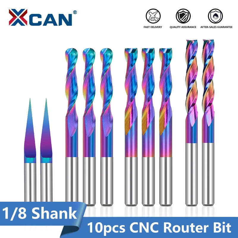 

XCAN 10 шт. квадратная концевая фреза с шариковым носом V-образной формы, твердосплавная концевая фреза 1/8 дюйма, набор спиральных фрез с ЧПУ для резьбы