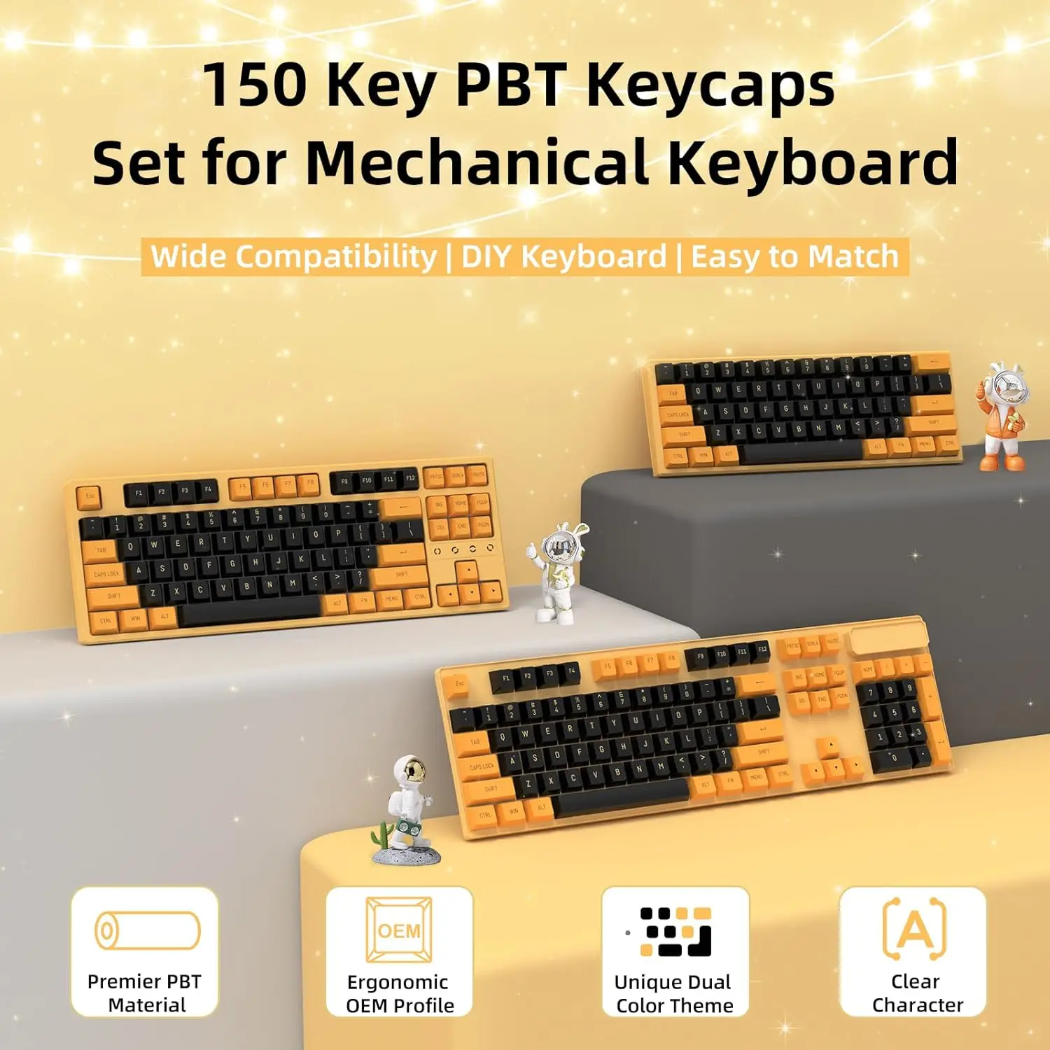 ชุดฝาครอบกุญแจแบบเต็มยิงคู่150คีย์ PBT โปรไฟล์ OEM รูปแบบ ANSI US สำหรับคีย์บอร์ดแบบกลไก61/68/87/98/104ปุ่ม