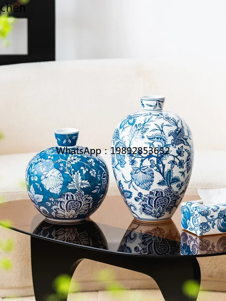 b20Blue and White Porcelain Vase Underglaze High Temperature Ornament Living Room Entrance Cabinet Home Flower