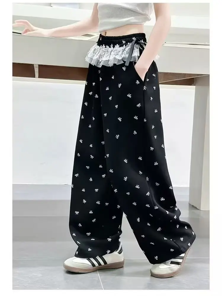 UNITIM Frühlingshosen mit Schleife für Mädchen, bedruckte Wide-Leg-Hosen für Teenager-Mädchen, lockere Kinderhosen, Freizeithosen für Kinder, 5–14 Jahre – Detail 7