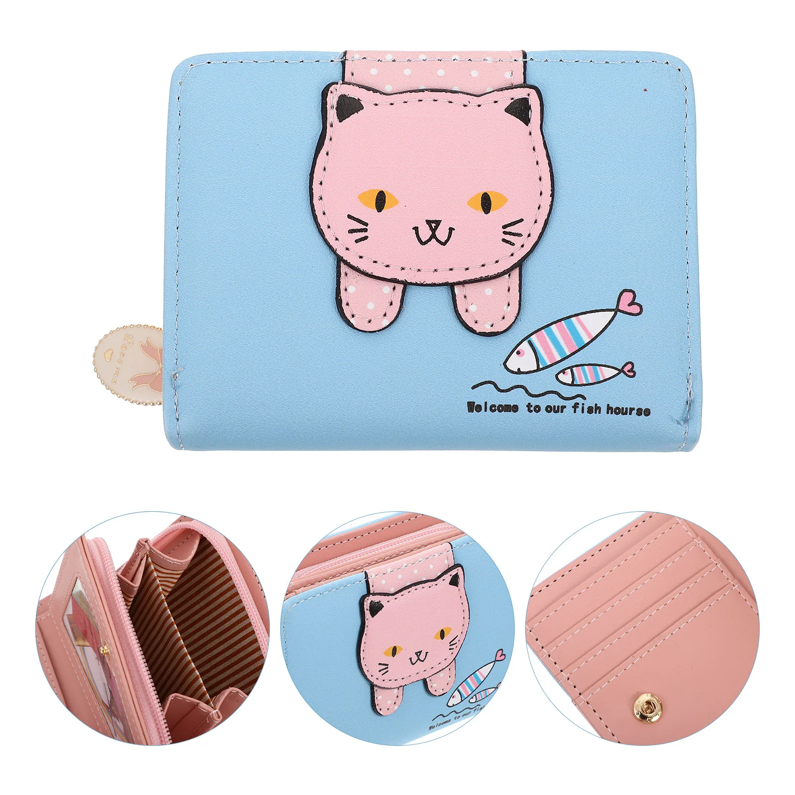 Cartoon Cat Zip Wallet Green Small Compact PU Change Purse Credit Cards Holder ID Storage Bag Kids Daily Use Travel