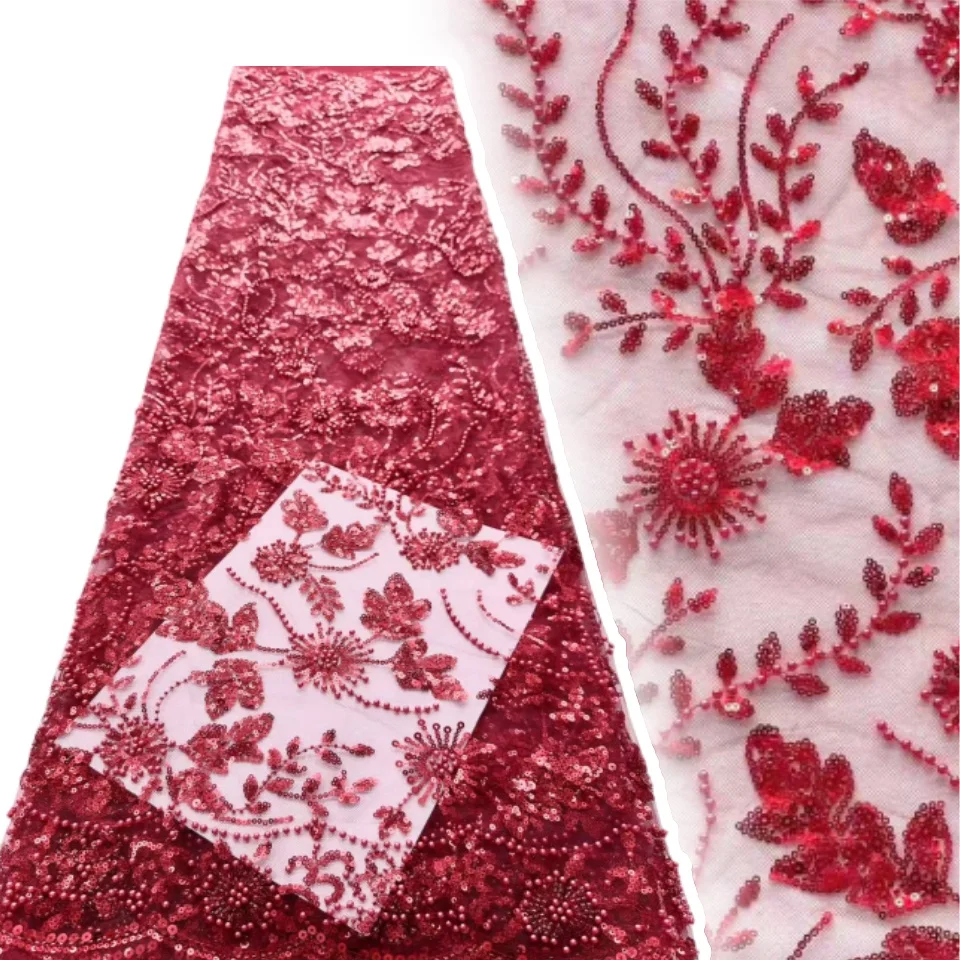 

Fashion French Embroidery Beaded Tulle Lace Fabric High Quality African Nigerian Sequin Lace Fabric for Wedding Dress 5 yard 124