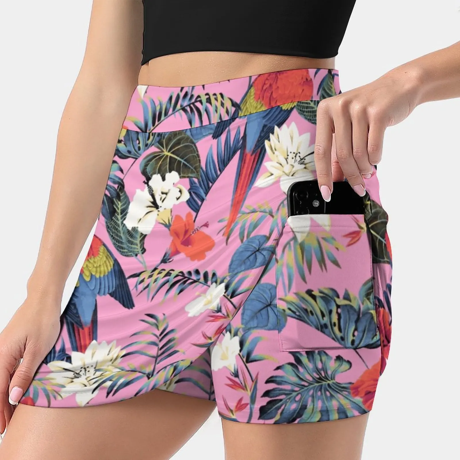 Paradise Parrot - Pink Women Sports Lining Skirt Tennis Dance Fitness Short Printed Skirts Parrot Bird Paradise Tropical