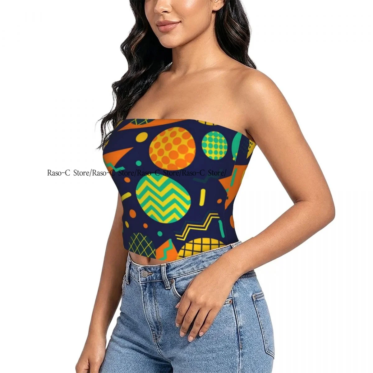 Women Shirt Summer Strapless Backless Tops Geometric Shapes 80s Retro Background Sleeveless Vest