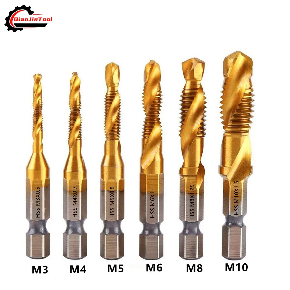 

6Pcs Compound Metric Tap Drill Bits Screw Thread Hex Shank Machine Titanium HSS Tap Bit Tool M3 M4 M5 M6 M8 M10 For Metal Wood