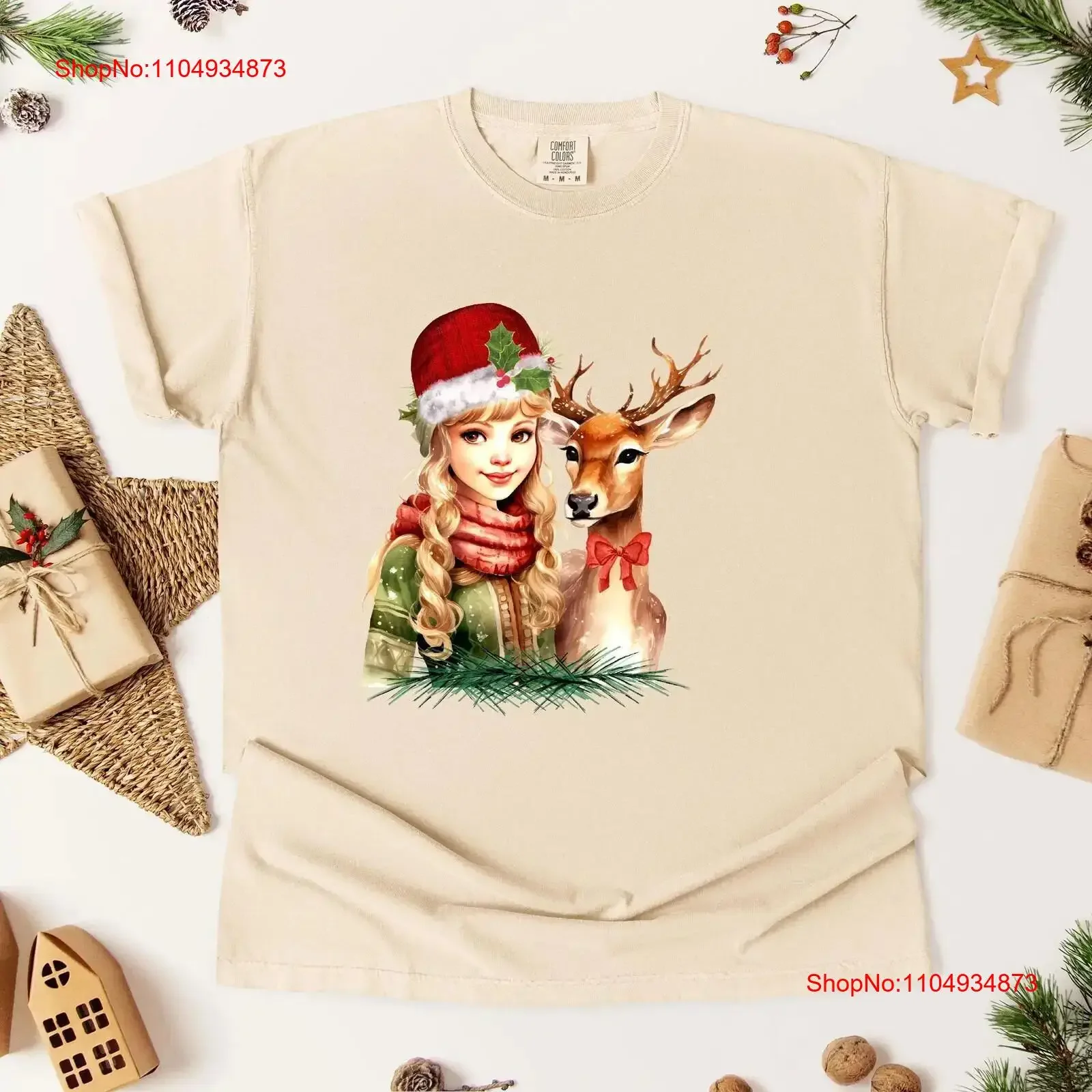 

Винтажная рождественская футболка с оленями для девочек, ностальгическое праздничное произведение искусства, стильная для праздничных нарядов и зимняя винтажная стираная футболка