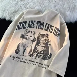 American Retro Washed Old Cat Printed Short Sleeved Men and Women T-shirt Loose Hong Kong Style Round Neck Couple Top Clothing